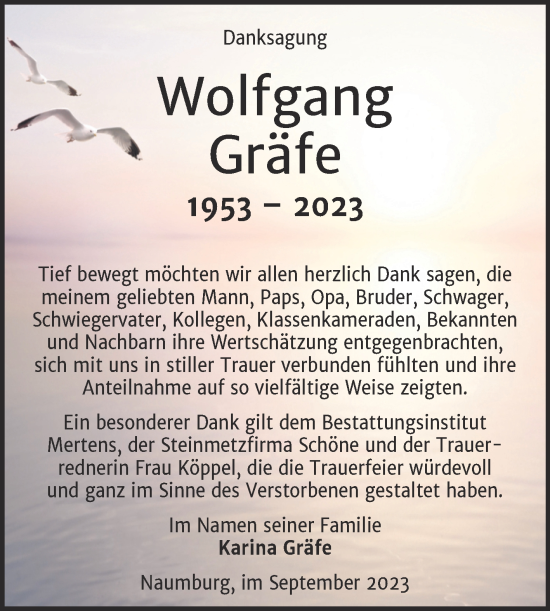 Traueranzeige von Wolfgang Gräfe von Wochenspiegel Naumburg/Nebra