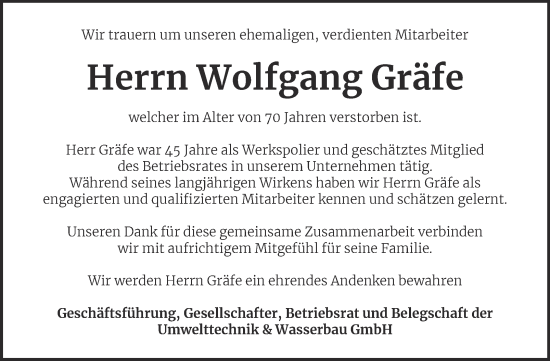Traueranzeige von Wolfgang Gräfe von Naumburger Tageblatt