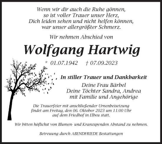 Traueranzeige von Wolfgang Hartwig von Volksstimme Haldensleben/Wolmirstedt