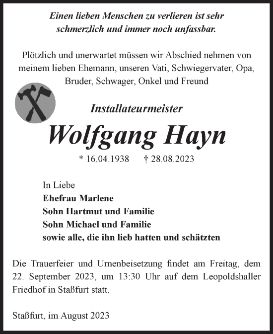 Traueranzeige von Wolfgang Hayn von Volksstimme Staßfurt