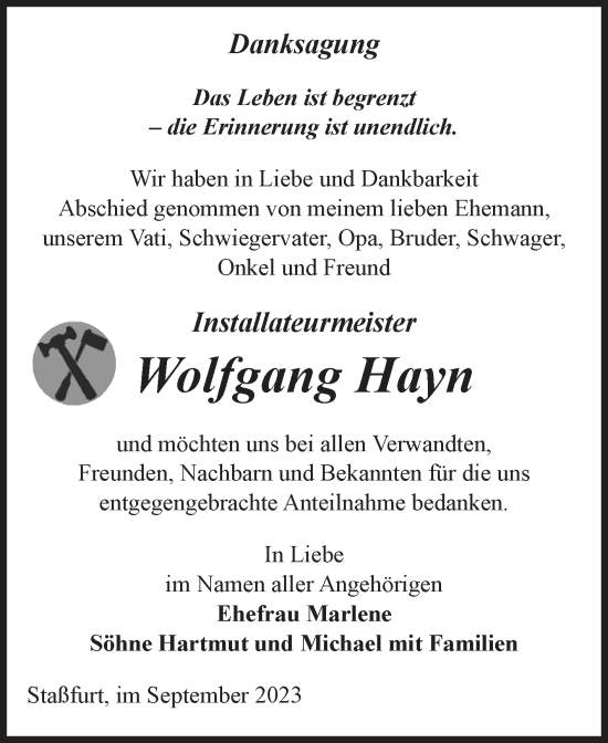 Traueranzeige von Wolfgang Hayn von Volksstimme Staßfurt
