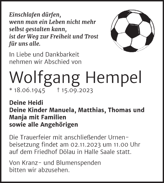 Traueranzeige von Wolfgang Hempel von Mitteldeutsche Zeitung Halle/Saalkreis