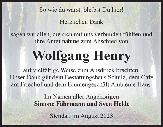 Traueranzeige von Wolfgang Henry von Volksstimme Altmark Ost