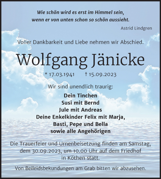 Traueranzeige von Wolfgang Jänicke von Trauerkombi Köthen
