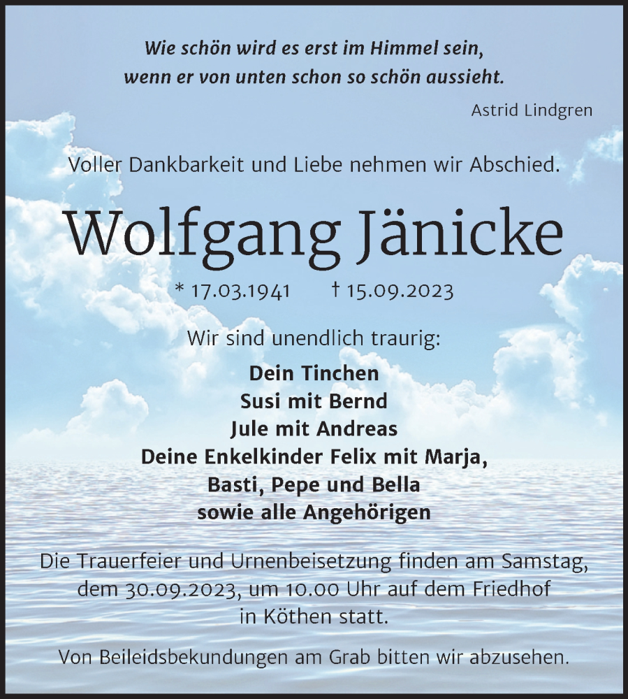  Traueranzeige für Wolfgang Jänicke vom 21.09.2023 aus Trauerkombi Köthen