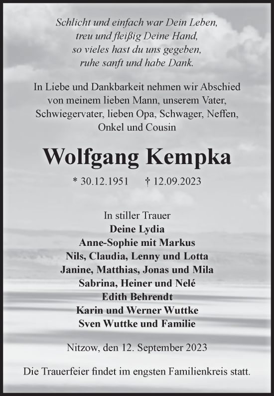 Traueranzeige von Wolfgang Kempka von Volksstimme Altmark Ost