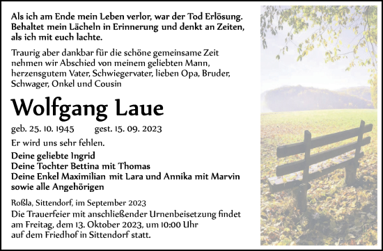 Traueranzeige von Wolfgang Laue von Trauerkombi Sangerhausen