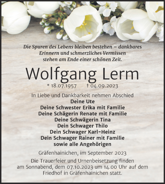 Traueranzeige von Wolfgang Lerm von Trauerkombi Wittenberg