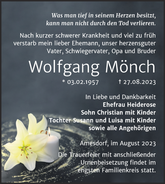 Traueranzeige von Wolfgang Mönch von Super Sonntag Aschersleben