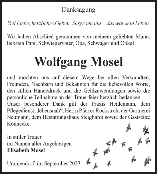 Traueranzeige von Wolfgang Mosel von Volksstimme Oschersleben/Wanzleben