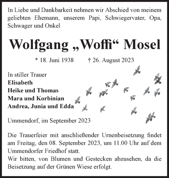 Traueranzeige von Wolfgang Mosel von Volksstimme Oschersleben/Wanzleben