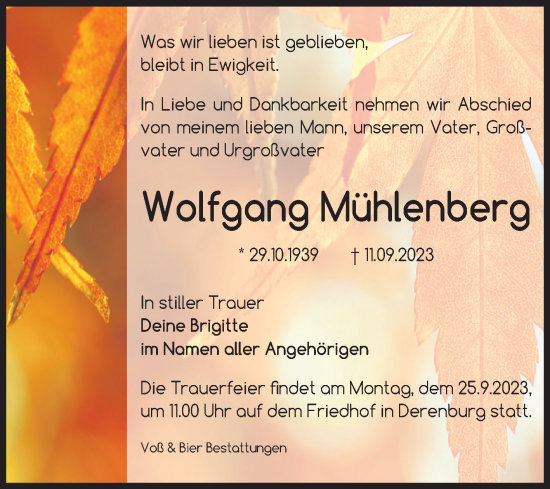 Traueranzeige von Wolfgang Mühlenberg von Volksstimme Wernigerode