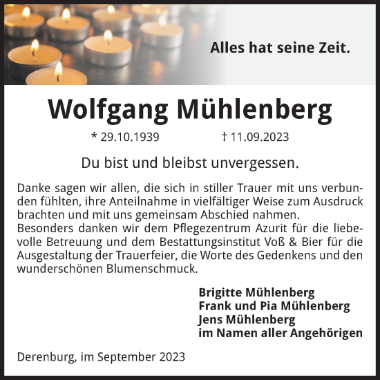 Traueranzeige von Wolfgang Mühlenberg von Volksstimme Wernigerode