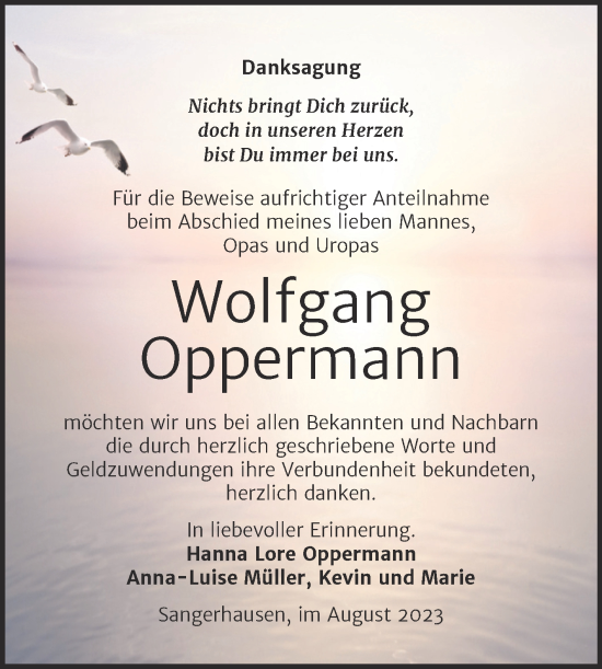 Traueranzeige von Wolfgang Oppermann von Trauerkombi Sangerhausen