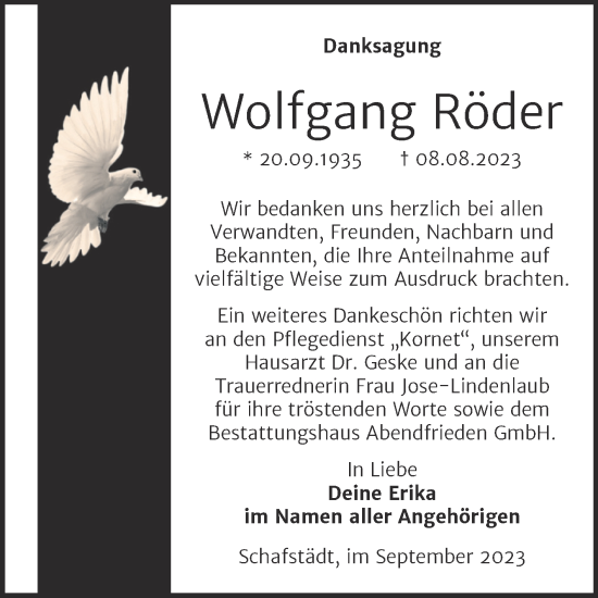 Traueranzeige von Wolfgang Röder von Trauerkombi Merseburg