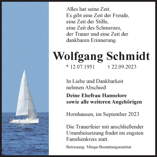Traueranzeige von Wolfgang Schmidt von Volksstimme Oschersleben/Wanzleben
