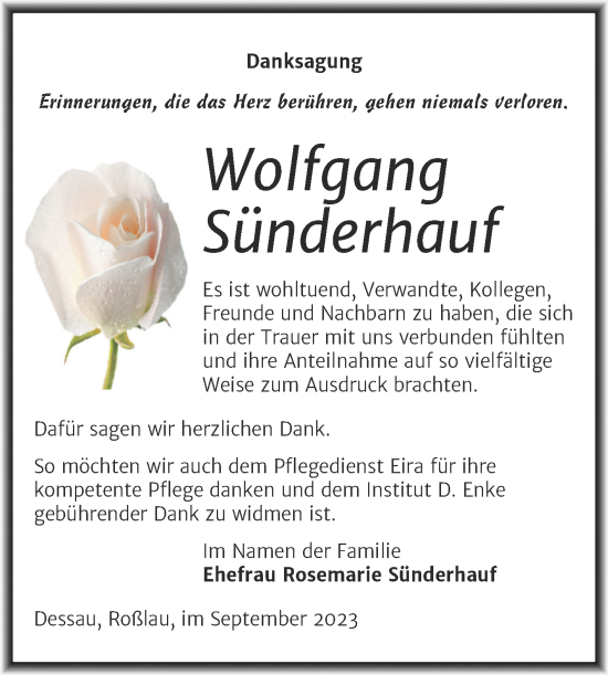 Traueranzeige von Wolfgang Sünderhauf von Trauerkombi Dessau