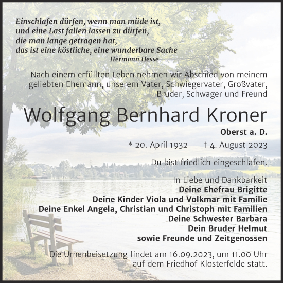 Traueranzeige von Wolfgang Bernhard Kroner von Mitteldeutsche Zeitung Halle/Saalkreis