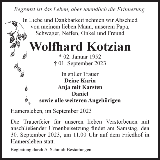 Traueranzeige von Wolfhard Kotzian von Volksstimme Oschersleben/Wanzleben