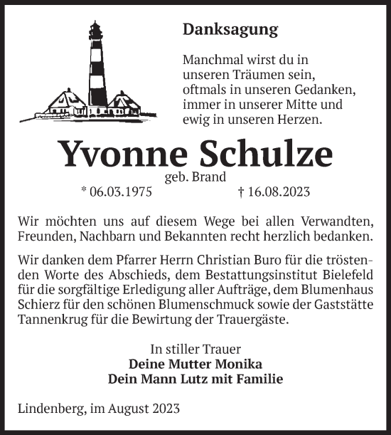 Traueranzeige von Yvonne Schulze von Volksstimme Altmark Ost