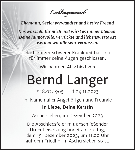 Traueranzeige von Bernd Langer von Trauerkombi Aschersleben