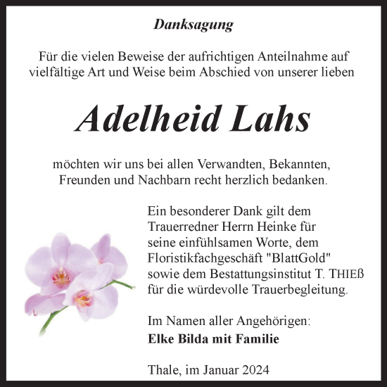 Traueranzeige von Adelheid Lahs von Trauerkombi Quedlinburg