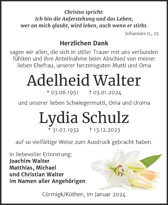 Traueranzeige von Adelheid und Lydia WalterSchulz von Trauerkombi Bernburg