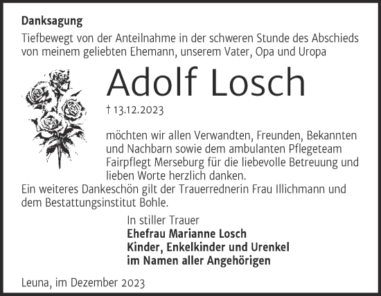 Traueranzeige von Adolf Losch von Trauerkombi Merseburg