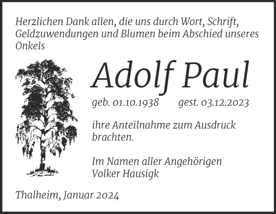 Traueranzeige von Adolf Paul von Trauerkombi Bitterfeld