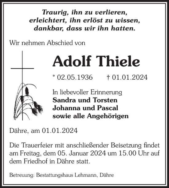 Traueranzeige von Adolf Thiele von Volksstimme Altmark West