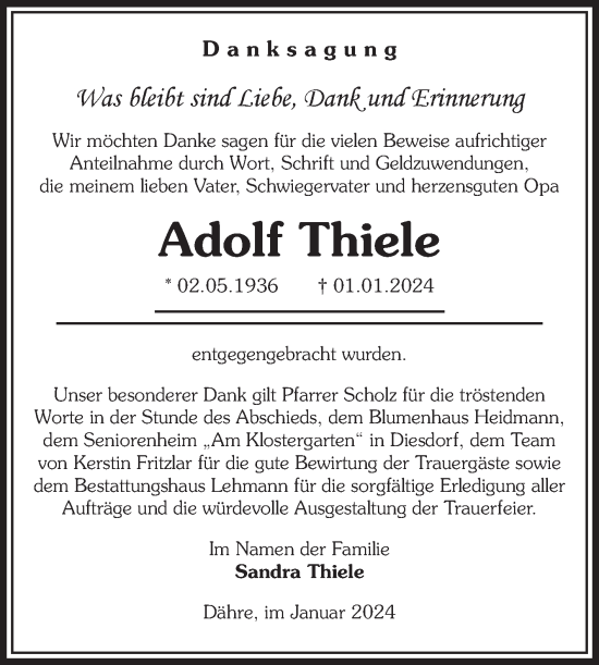Traueranzeige von Adolf Thiele von Volksstimme Altmark West