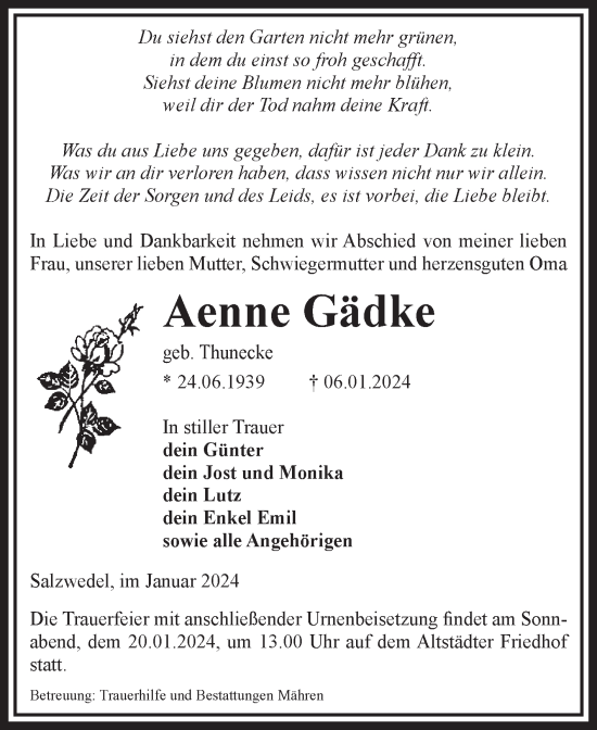 Traueranzeige von Aenne Gädke von Volksstimme Altmark West