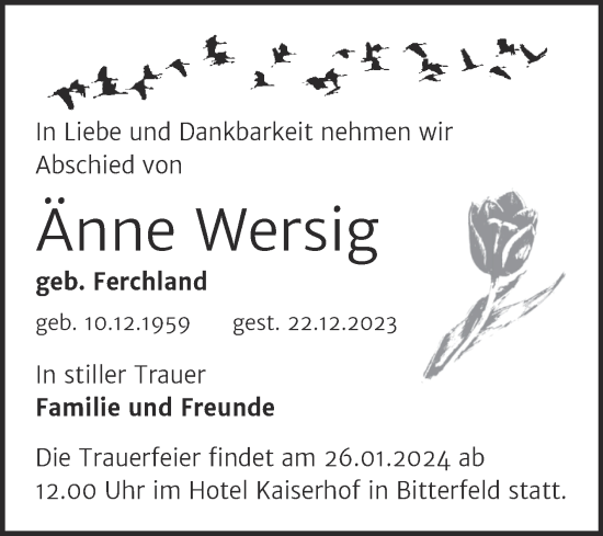 Traueranzeige von Änne Wersig von Trauerkombi Bitterfeld