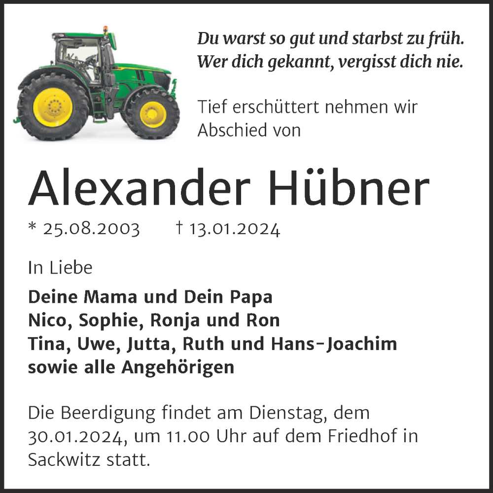  Traueranzeige für Alexander Hübner vom 20.01.2024 aus Trauerkombi Wittenberg