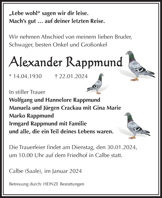 Traueranzeige von Alexander Rappmund von Volksstimme Schönebeck