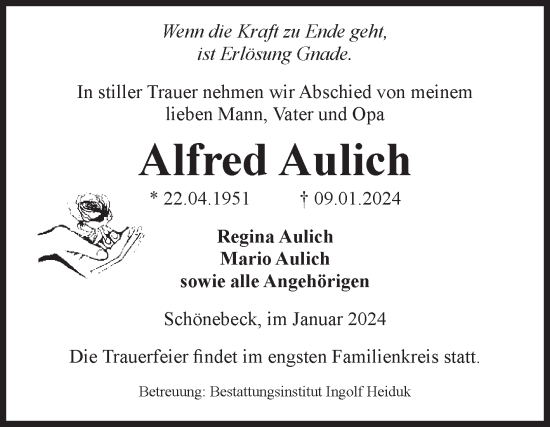 Traueranzeige von Alfred Aulich von Volksstimme Schönebeck