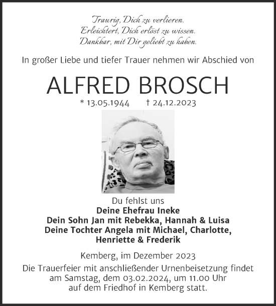 Traueranzeige von Alfred Brosch von Trauerkombi Wittenberg