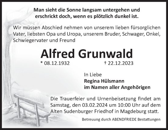 Traueranzeige von Alfred Grunwald von Volksstimme Magdeburg