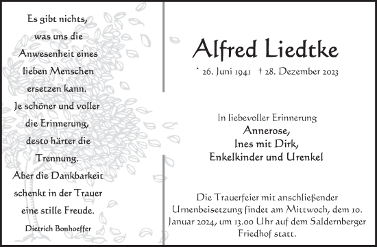 Traueranzeige von Alfred Liedtke von Volksstimme Altmark Ost
