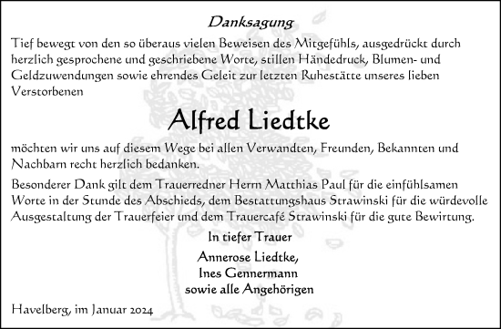 Traueranzeige von Alfred Liedtke von Volksstimme Altmark Ost