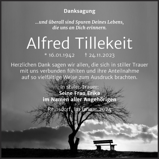 Traueranzeige von Alfred Tillekeit von Super Sonntag Naumburg/Nebra