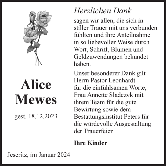 Traueranzeige von Alice Mewes von Volksstimme Altmark West