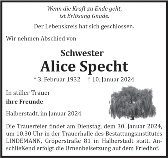 Traueranzeige von Alice Specht von Volksstimme Halberstadt