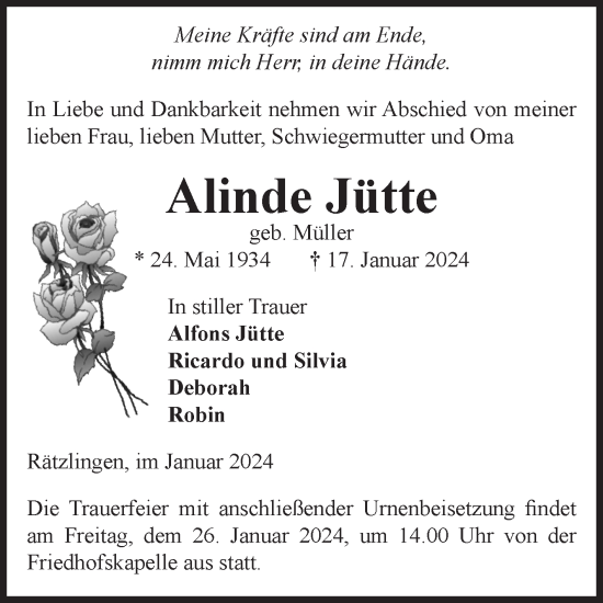 Traueranzeige von Alinde Jütte von Volksstimme Haldensleben/Wolmirstedt