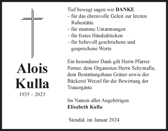 Traueranzeige von Alois Kulla von Volksstimme Altmark Ost