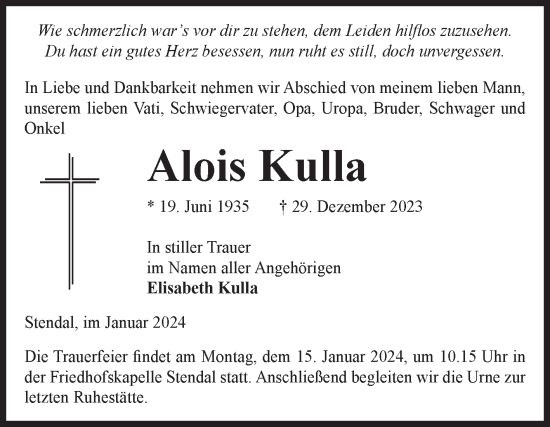 Traueranzeige von Alois Kulla von Volksstimme Altmark Ost
