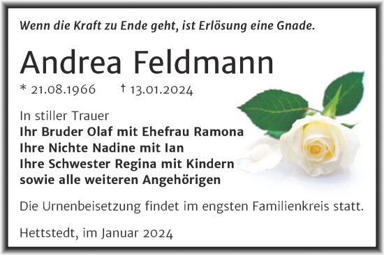 Traueranzeige von Andrea Feldmann von Trauerkombi Mansfelder Land