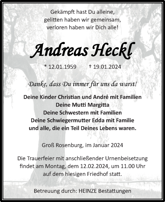 Traueranzeige von Andreas Heckl von Volksstimme Schönebeck