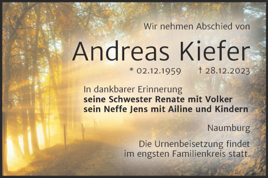 Traueranzeige von Andreas Kiefer von Wochenspiegel Naumburg/Nebra
