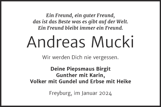 Traueranzeige von Andreas Mucki von Wochenspiegel Naumburg/Nebra